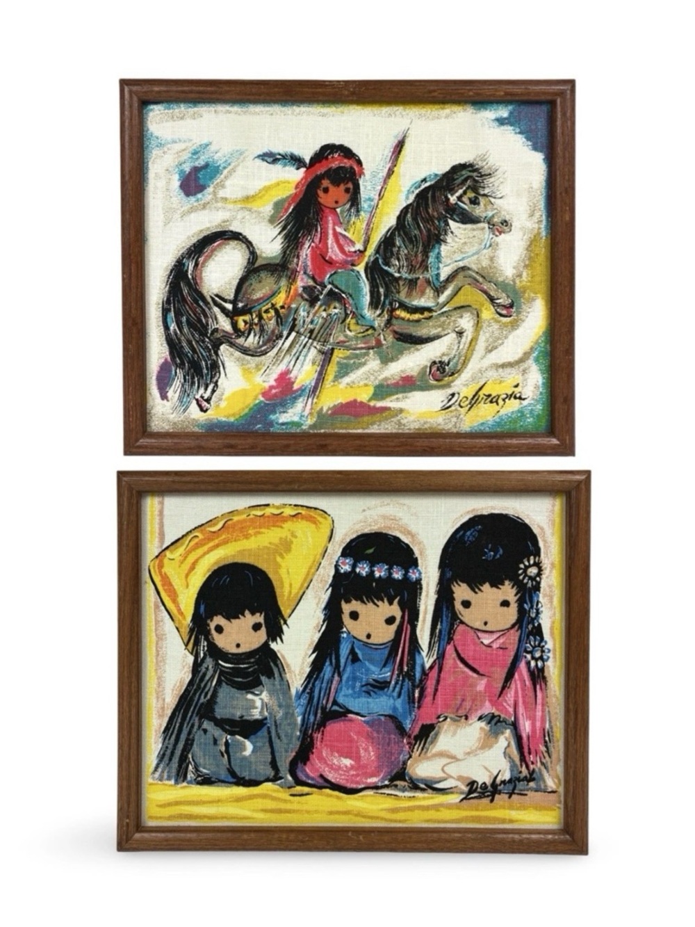 2 Ted De Grazia Vintage Framed Canvas Burlap Art Prints